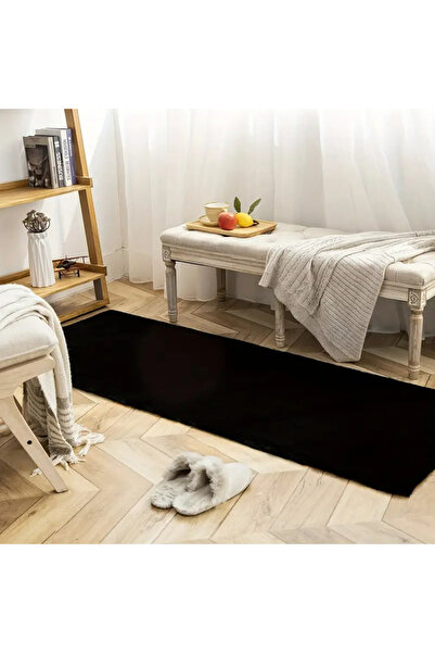 LİNOS HOME Yumuşak Dokulu Yıkanabilir Kaymaz Taban Siyah Peluş Halı Antre Kor...