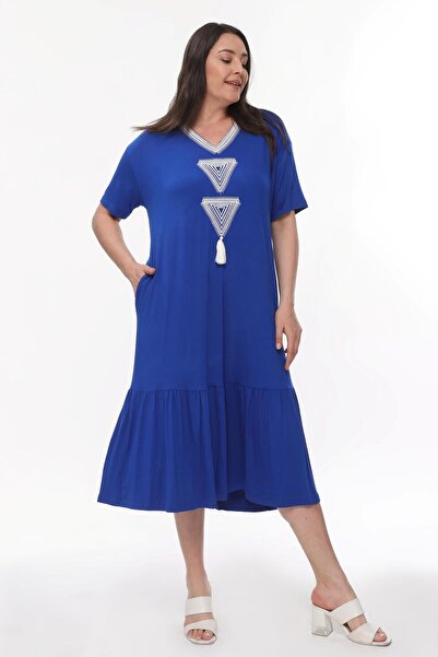 Ebsumu Γυναικείο φόρεμα με φούντα κεντημένο μπλε