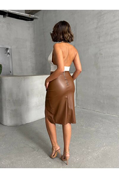 aytenli Fusta din piele cu talie înaltă, cu fermoar în spate, cu fante în V în față