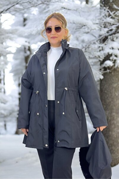 yagmurberen Excludable Hooded Pocket Inside Complete Plush Large Size Bonded Fabric Winter Coat