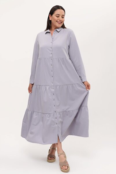 Ebsumu فستان نسائي طويل رمادي من القطن بأزرار أمامية مقاس كبير