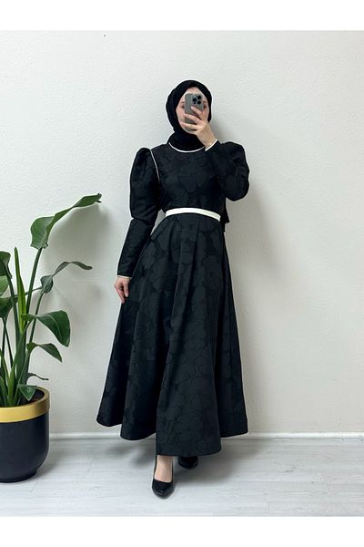 Modamorfo Ballonrock mit Gürtel, kalt bedrucktes Kaftan-Abendkleid – Schwarz
