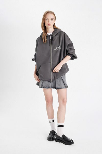 DeFacto Oversize Wide Fit Hooded Printed Thick Fabric Cardigan