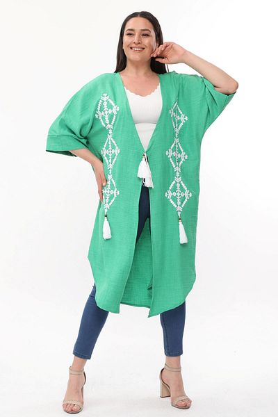 Ebsumu Large Size Green Linen Look Cardigan