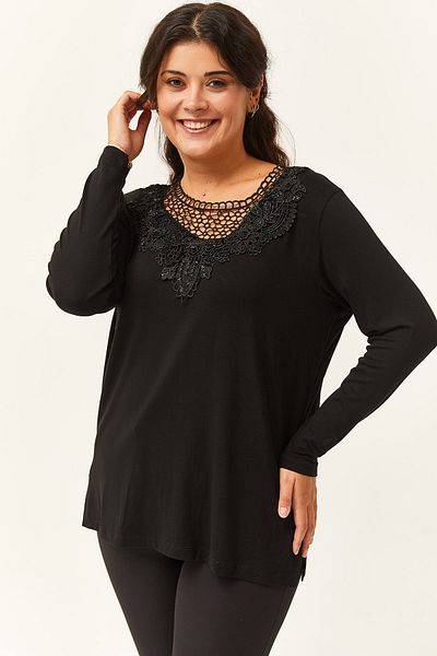 Ebsumu Women's Plus Size Collar Guipure Detail Black Blouse