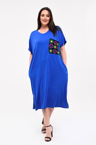 Ebsumu Γυναικείο πλεκτό φόρεμα με λεπτομέρεια μπλε τσέπης