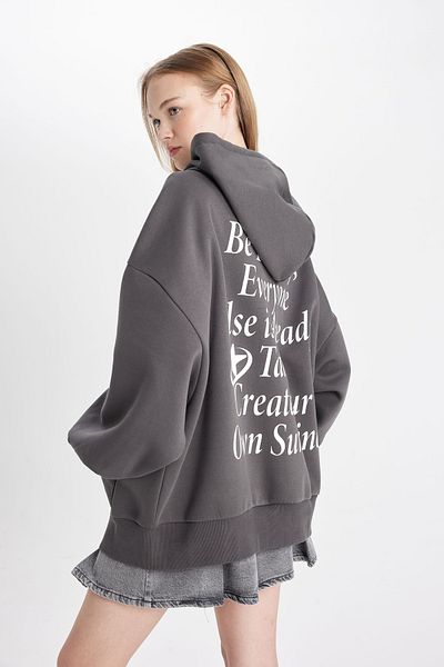 DeFacto Oversize Wide Fit Hooded Printed Thick Fabric Cardigan