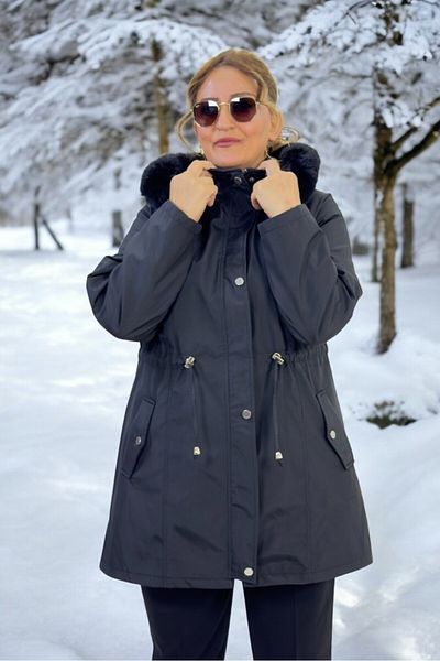 yagmurberen Excludable Hooded Pocket Inside Complete Plush Large Size Bonded Fabric Winter Coat