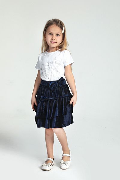modabesta Girl's Navy Blue Ribbon Detailed Layered Velvet Skirt