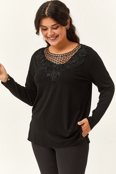 Ebsumu Women's Plus Size Collar Guipure Detail Black Blouse