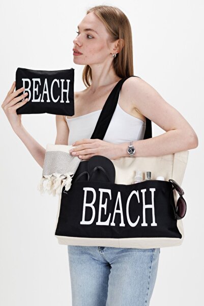 Ecrou Women's Beach Written Waterproof Lined Beach Seaside Bag Cream 45 X 50 cm