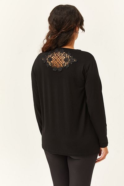 Ebsumu Women's Plus Size Back Guipure Detailed Black Blouse