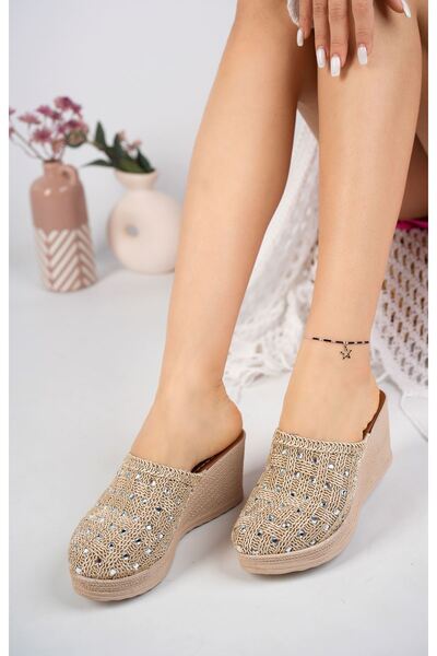 epaavm Dolgu Taban Ekose Örgü Önü Kapalı Taşlı Ten Terlik