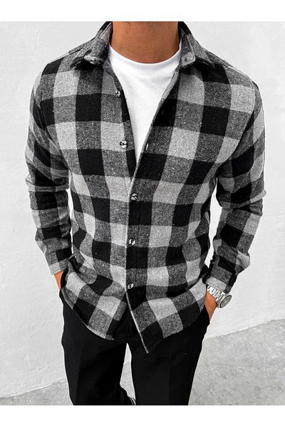 King Brothers Ανδρικό πουκάμισο ξυλοκόπο Slim Fit Slim Fit Μαύρο και άσπρο καρό μακρυμάνικο