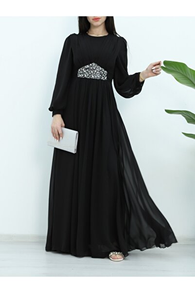 Modamorfo Βραδινό φόρεμα με λεπτομέρεια από πέτρα στη μέση - Μαύρο