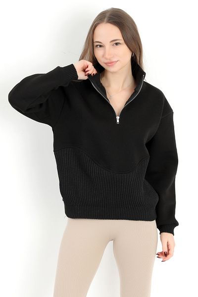 GİYSA Tricotaj de damă negru cu guler vertical, cu jumătate de fermoar, cu detaliu - 5087