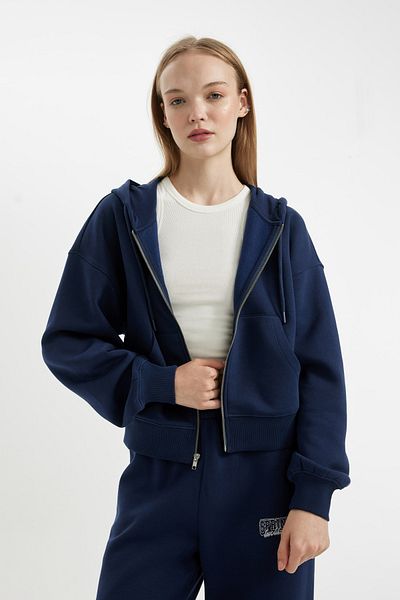 DeFacto Navy Blue Coool Standard Fit Hooded Basic Plain Kangaroo Pocket Zip-Up Sweatshirt
