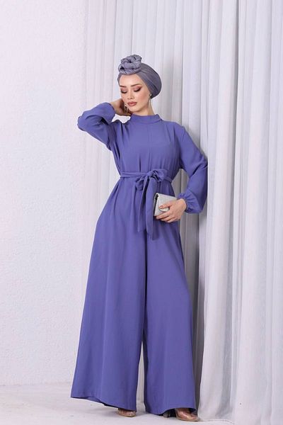 Neşeli Butik Women's Lilac Blue Jumpsuit with Belt and Rose Detail, Loose Nms003