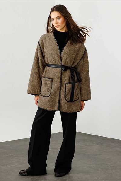 Hooopstore Leather Piping Mink Tedy Coat