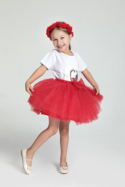 modabesta Kız Çocuk Taç Hediyeli Kırmızı Kurdele Detaylı Tül Tütü Etek