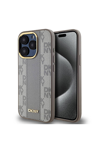 Dkny iPhone 15 Pro Kılıf DKNY  Lisanslı Magsafe Şarj Özellikli 3D Yazılı Chec...