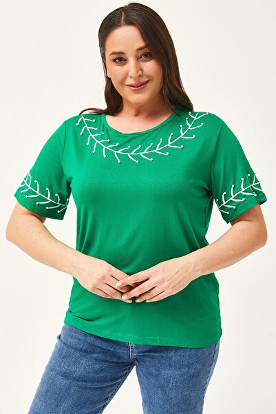 Ebsumu Γυναικεία Πράσινη Μπλούζα με Κέντημα Κλαδιών Plus Size