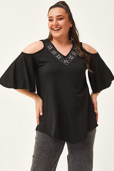 Ebsumu Women's Plus Size Front and Back V-Neck Stone Detailed Spanish Sleeve Black Blouse
