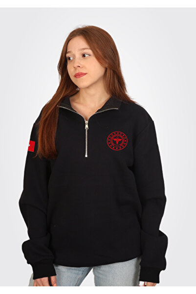 112 Acil Sağlık Yarım Fermuar Geniş Kalıp Dik Yakalı 3 iplik Polarlı Sweatshirt