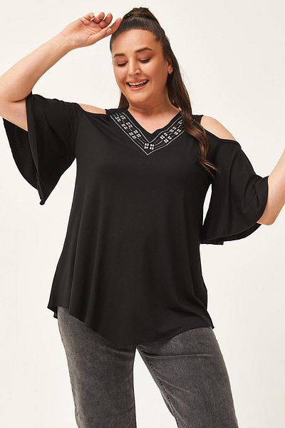 Ebsumu Women's Plus Size Front and Back V-Neck Stone Detailed Spanish Sleeve Black Blouse
