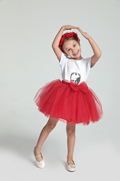 modabesta Kız Çocuk Taç Hediyeli Kırmızı Kurdele Detaylı Tül Tütü Etek