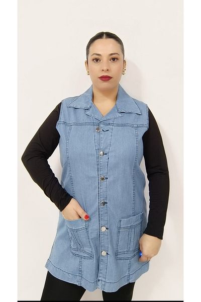 AKŞEN GİYİM Large Size Lycra 100% Cotton Two Pockets Metal Buttons 75 cm Length Denim Jean Vest