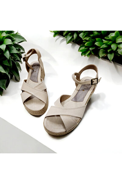 GokceKundura06 Γυναικεία Καλοκαιρινό Σταυρό Λινό Ψάθινο Σανδάλια με τακούνι 5 cm