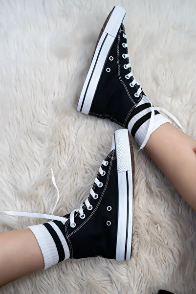 Shupe Unisex Siyah Beyaz Boğazlı Model Keten Spor Ayakkabı Sneaker