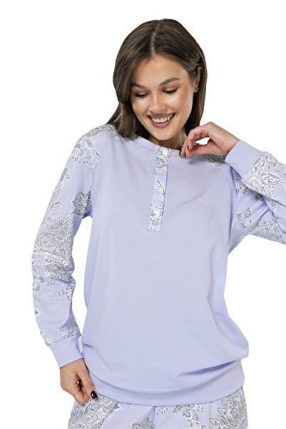 Mio Vero طباعة شال أرجواني - طية صدر السترة بأزرار - أكمام طويلة - طقم بيجامة نسائي