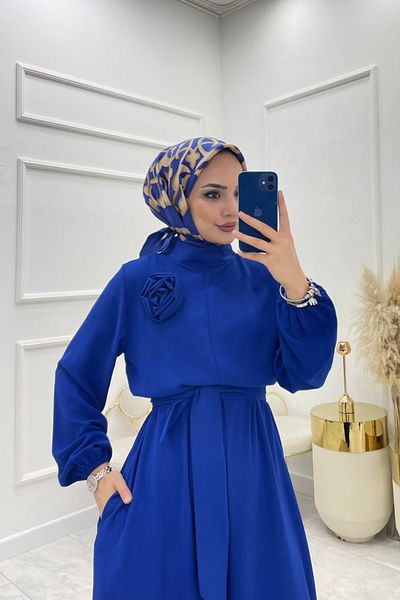 Neşeli Butik Women's Sax Blue Belted Roses Detailed Loose Overalls Nms003