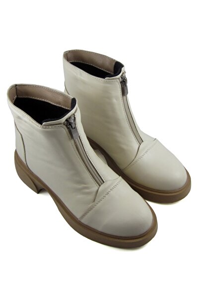 Erkan Saçmacı Zabrina Beige Genuine Cowhide Leather Zippered Round Toe Thick Heel Casual Boots