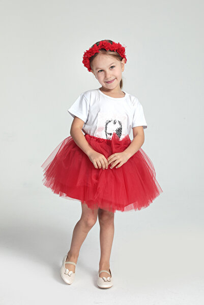 modabesta Kız Çocuk Taç Hediyeli Kırmızı Kurdele Detaylı Tül Tütü Etek