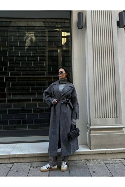 My Blog Szürke-melange ujjú öv részletes mintás öves hosszú kabát - 54471