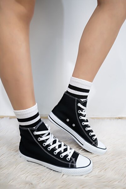 Shupe Unisex Siyah Beyaz Boğazlı Model Keten Spor Ayakkabı Sneaker