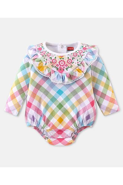 Babyhug ملابس نوم بيبي هاج 100% قطنية محبوكة بأكمام كاملة ومزينة بنقشة مربعات وزهور - متعددة الألوان
