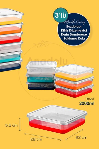Anadolu Saray 3 Pcs 2000ml Silicone Based Press Release Refrigerator Freeze Deep Freezer Organizer Storage Container