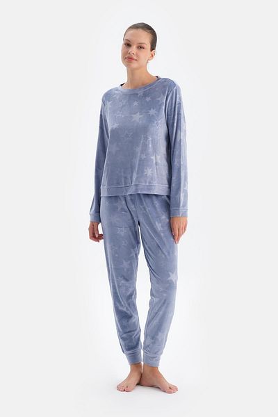 Dagi Set de pijamale cu pantaloni tricou cu imprimeu stea Seersucker albastru