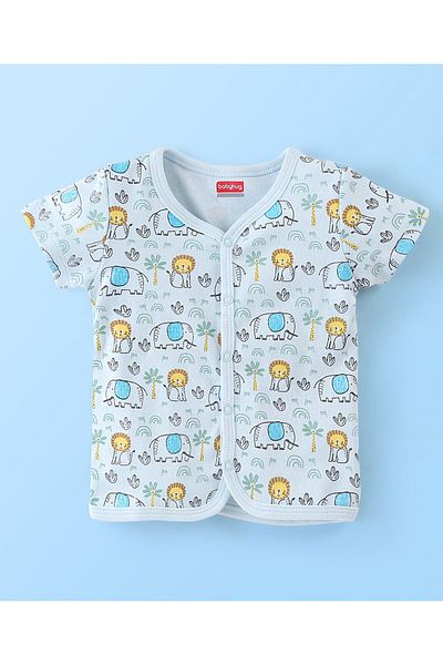Babyhug سترة 100% قطنية محبوكة بأكمام نصف مفتوحة من الأمام، مخططة ومطبوعة بألوان الغابة، عبوة من 3 قطع - أصفر وأزرق