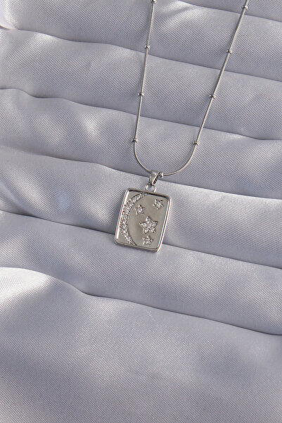 Skygo 316L سلسلة فولاذية فضية اللون مرصعة بحجر الزركون على شكل نجمة القمر - T...