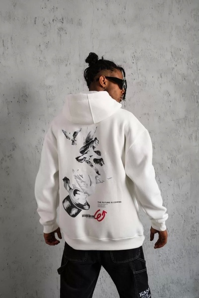 New Shine Чоловічий капюшон з принтом голуба в капелюсі - білий