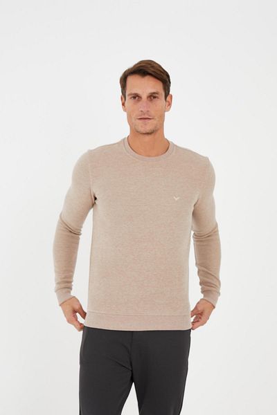 Maccali Men's Comfortfit Long Crew Neck Basic Ecru Sweatshirt