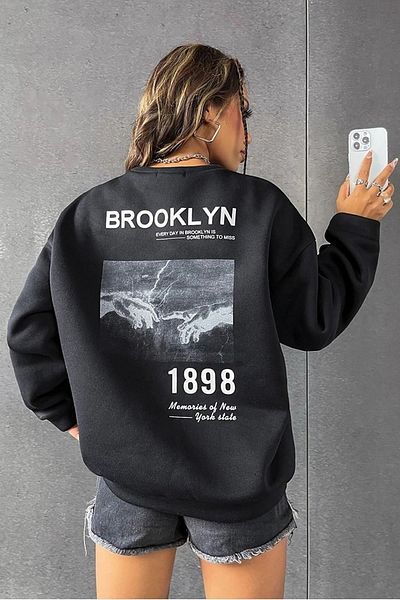 New Shine Brooklyn 1898 Printed - Унисекс бебешко син суичър с голямо деколте