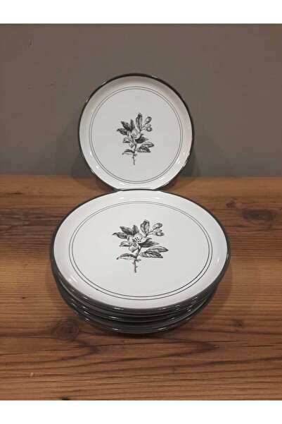 Keramika KERAMİKA 20 CM PASTA TABAĞI 6 ADET BEYAZ SİYAH ÇİÇEKLİ