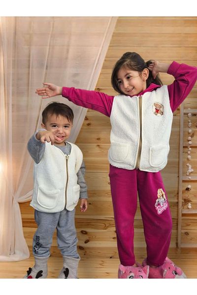 Alpar Tekstil Welsoft Plush Baby Girl and Boy Vest - Zipper and Pocket, (2-10 Years)/Cream