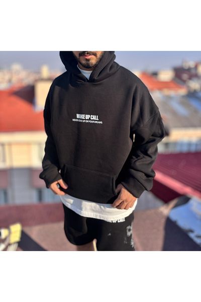 New Shine Μαύρη κουκούλα Unisex Εποχιακή μπλούζα με στάμπα από βαμβακερό 3 κλωστές